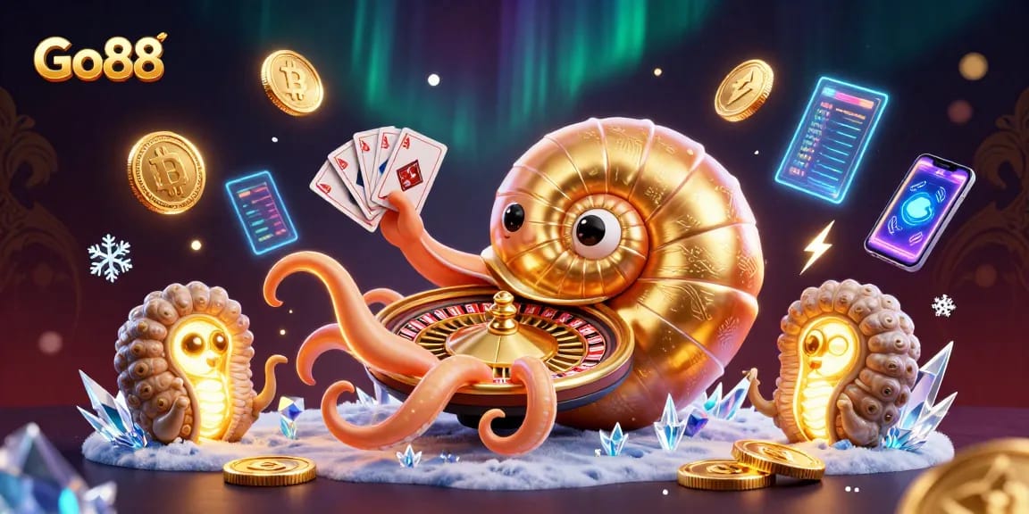 Engage in thrilling games at Go88 with a vibrant 3D casino scene featuring a golden spiral roulette wheel.