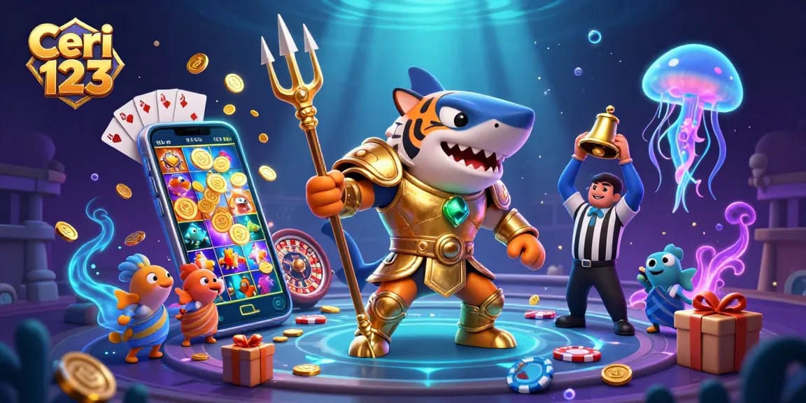 Ceri 123 showcases a dynamic underwater casino scene featuring a tiger shark in gladiator armor amidst slot games and cheering fish.