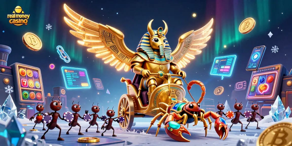 Experience the thrilling adventure of a real money casino with a golden scarab riding a chariot amidst vibrant slot reels and crypto elements.