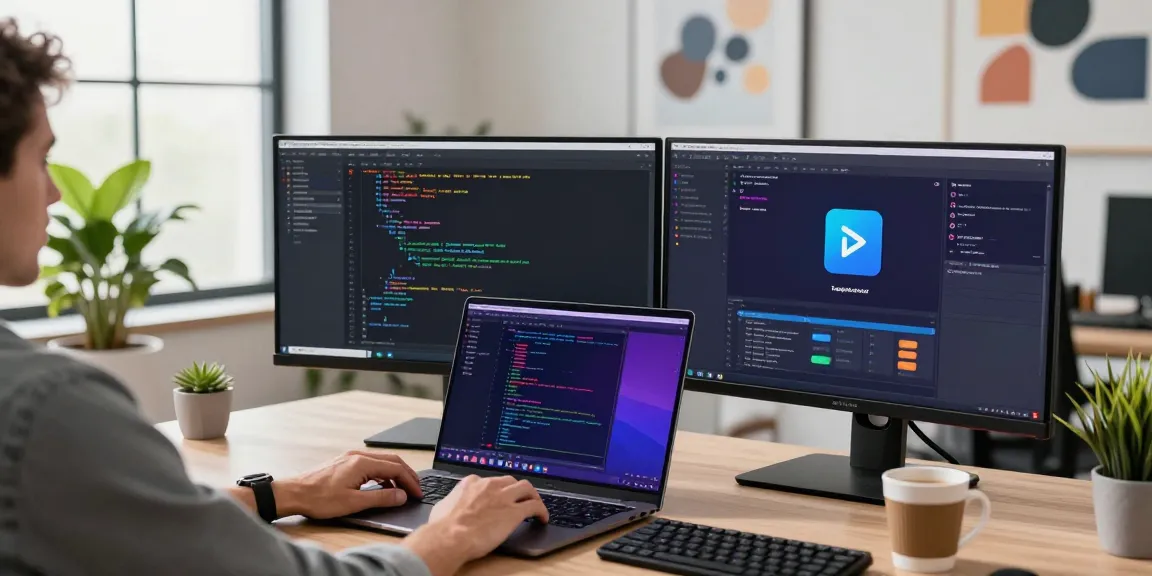 Developer coding in a modern office with dual monitors, showcasing Telegram Download features for a tech-savvy audience.