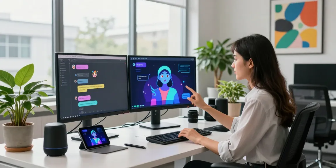 Dynamic interaction with CrushOn AI in a modern tech workspace showcasing innovative gadgets and vibrant character designs.