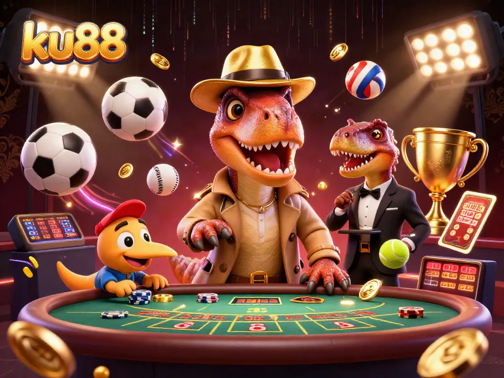 ku88 offers a thrilling blackjack experience with a cartoon velociraptor attempting to win at the table.