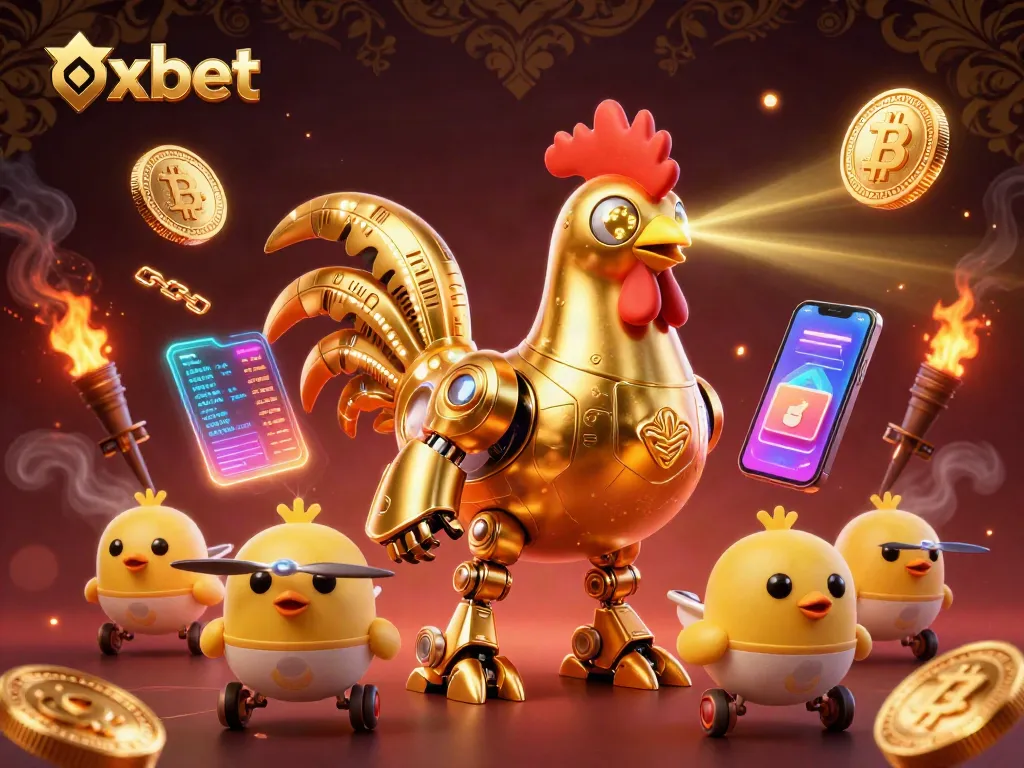 Engage with oxbet's dynamic gaming world featuring a golden rooster robot and crypto elements.