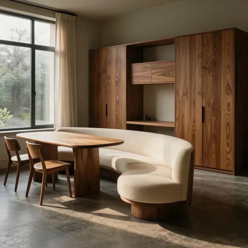 Moody showroom vignette with walnut sectional, oak table, wardrobe wall and desk nook in drizzle light.