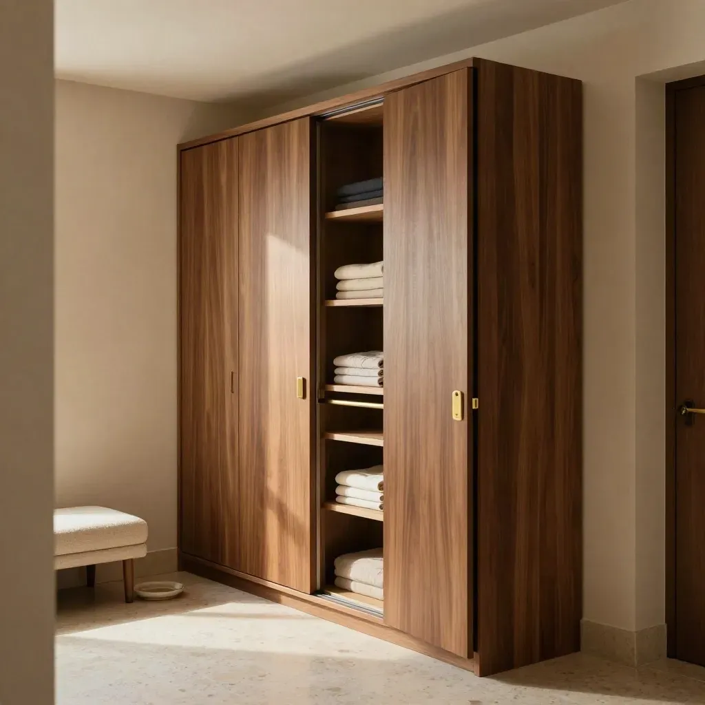 Walnut wardrobe with open sliding panel revealing shelves, linens and brass rail in a hallway