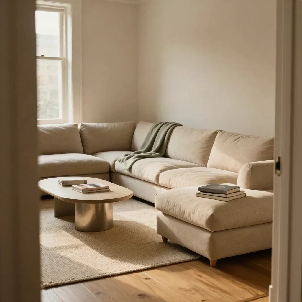 Modular oatmeal sofa staged in an L-shape with sage throw, side table and swatch books in a sunlit room.