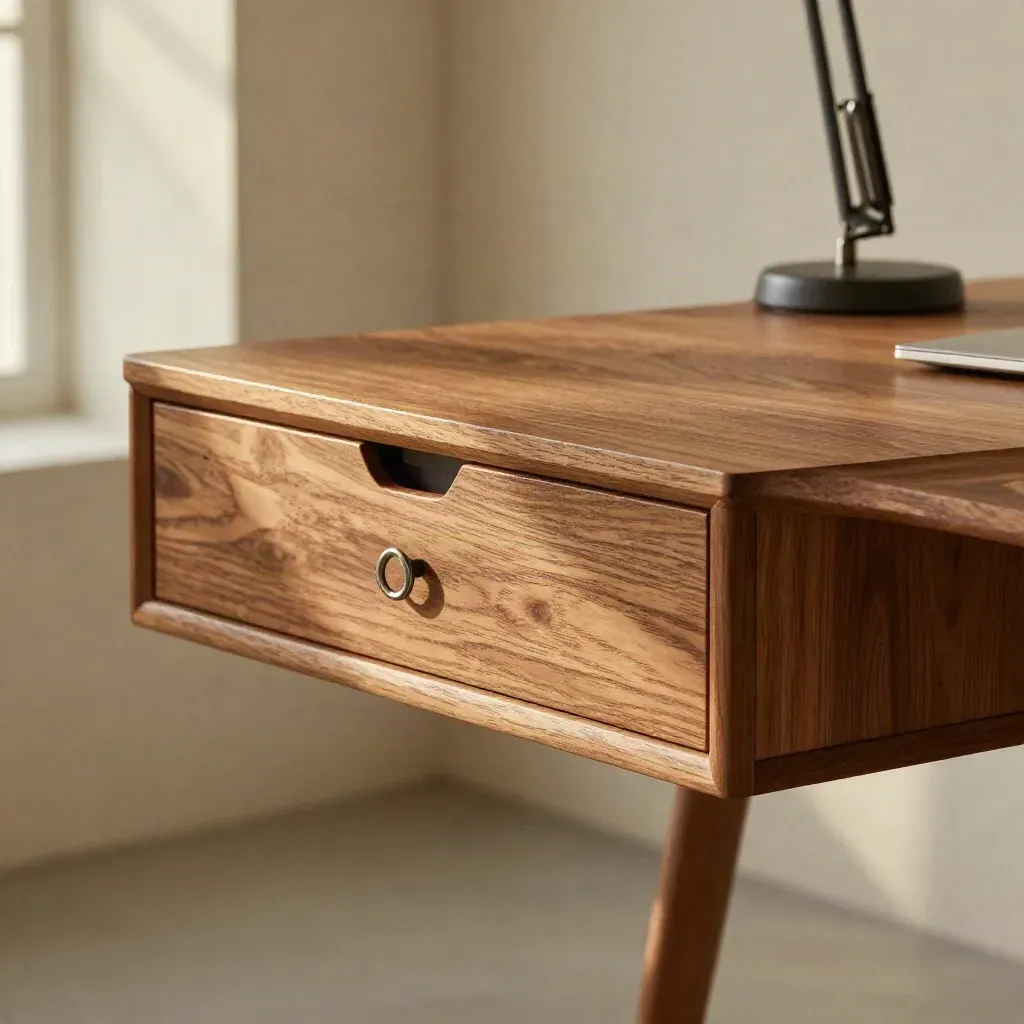Macro of an oak office desk with laptop, drawer unit, cable pass-through, and lamp