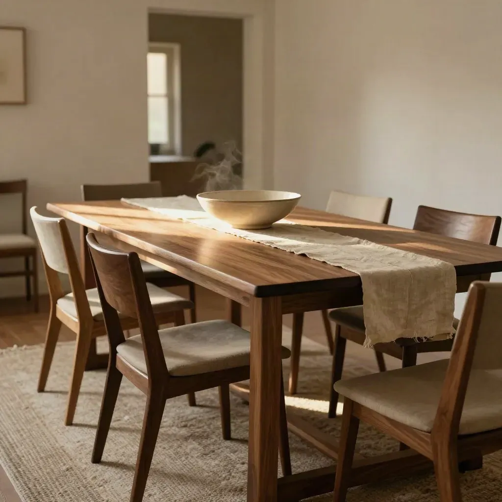 Walnut dining table with mixed-back chairs, ceramic bowl and folded linen in warm window light