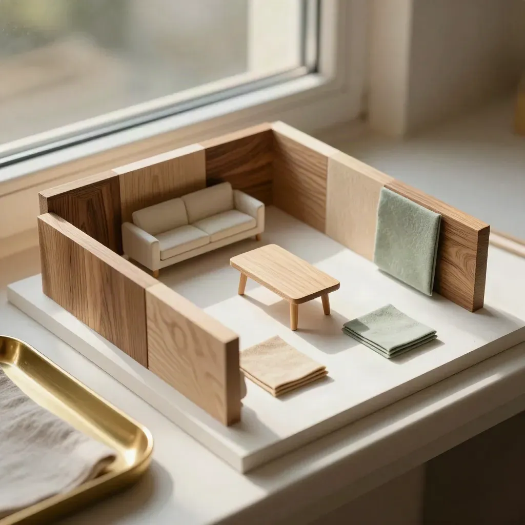 Room layout mock-up with wood blocks, fabric chips and miniature furniture on plaster.