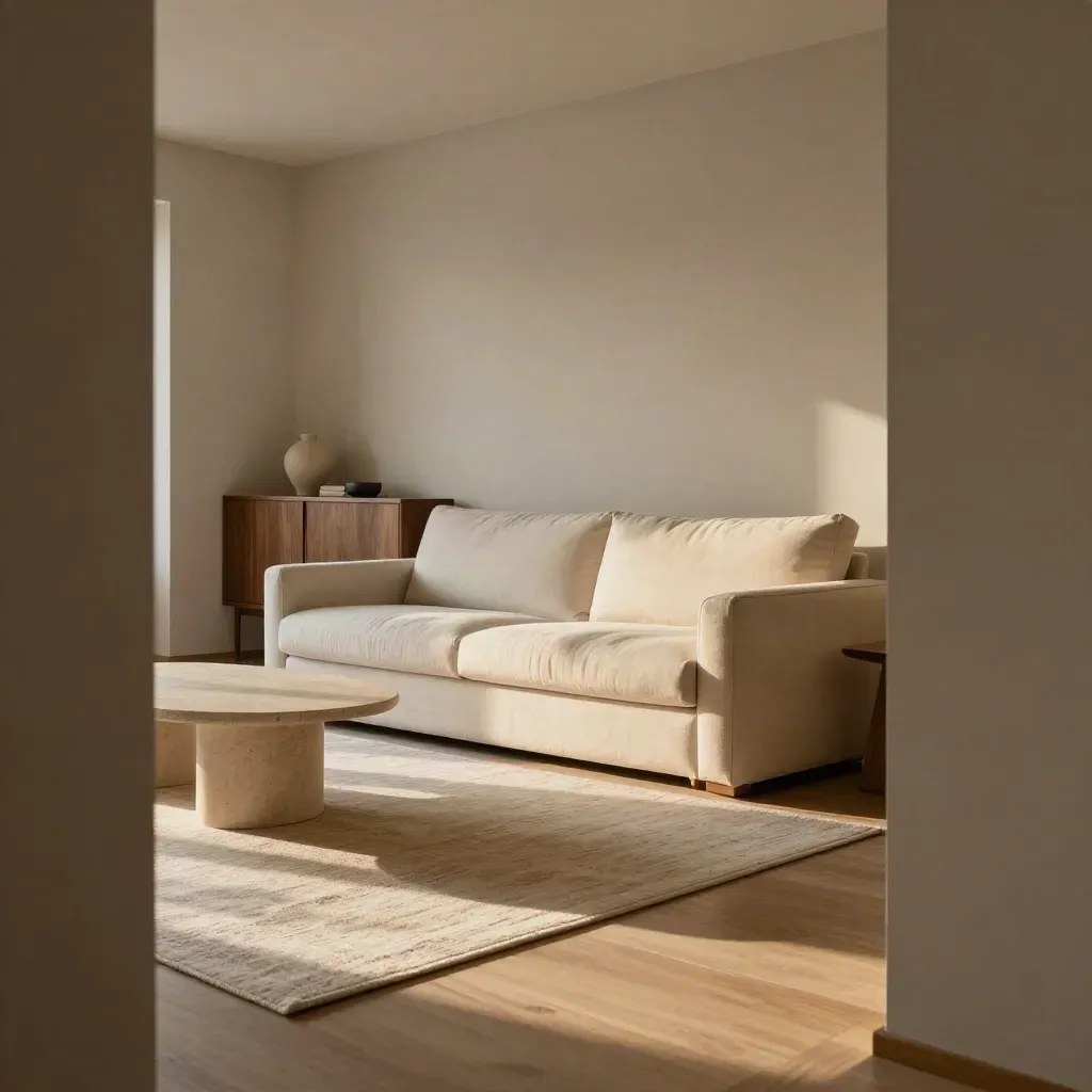 Wide narrow living room refresh with cream sofa, low cabinet, round side table, and warm rug.