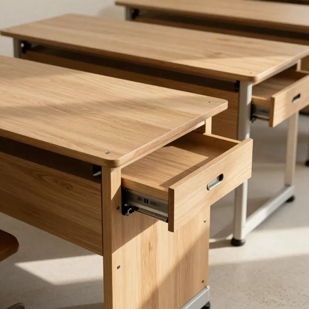 Six oak desks with cable cut-throughs in a quiet team room, shot in warm light.