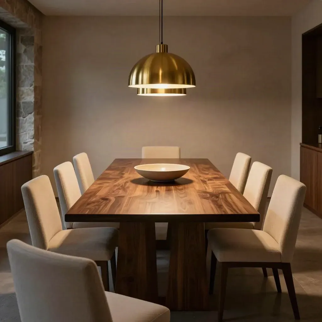 Moody dining room with long table, eight chairs, ceramic bowl and brass pendant glow.