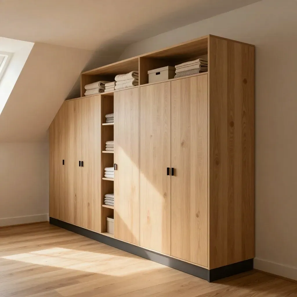 Loft wardrobe wall in pale oak with folded linens, floor to ceiling in warm light.