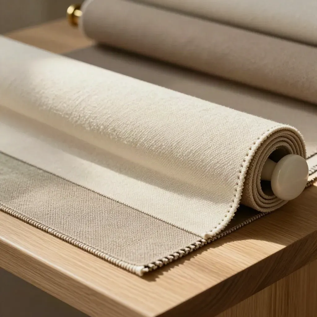 Rolled upholstery swatches and a ceramic knob on an upholstery bench in warm daylight.