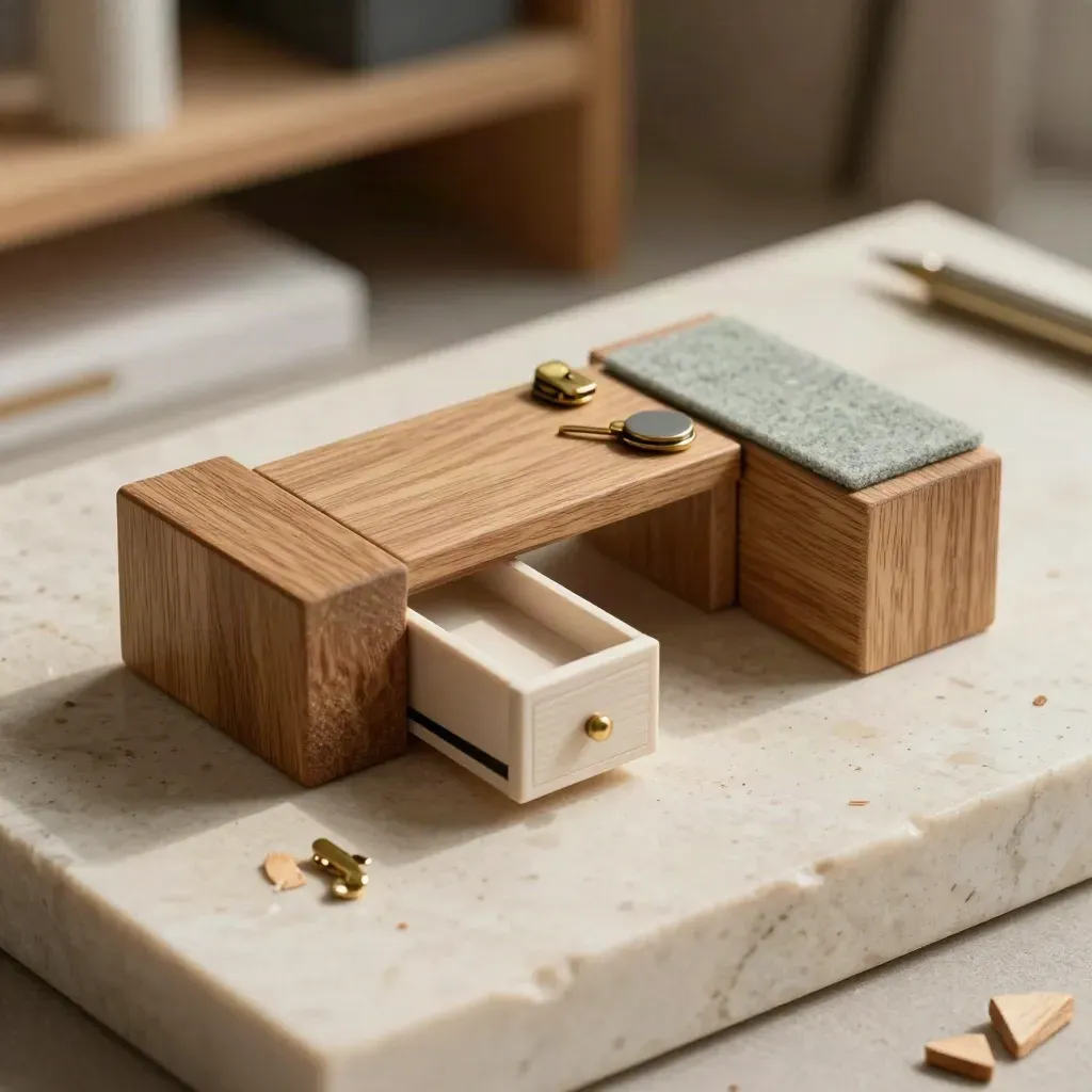 Oak office layout model on travertine with cable clips and a drawer module