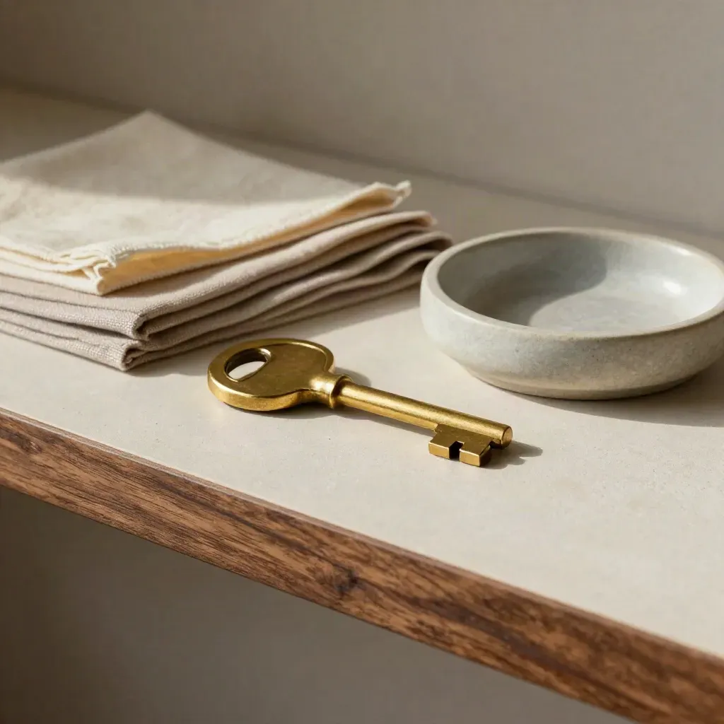 Brass key, fabric swatches, ceramic dish and stone bowl on a soft plaster shelf