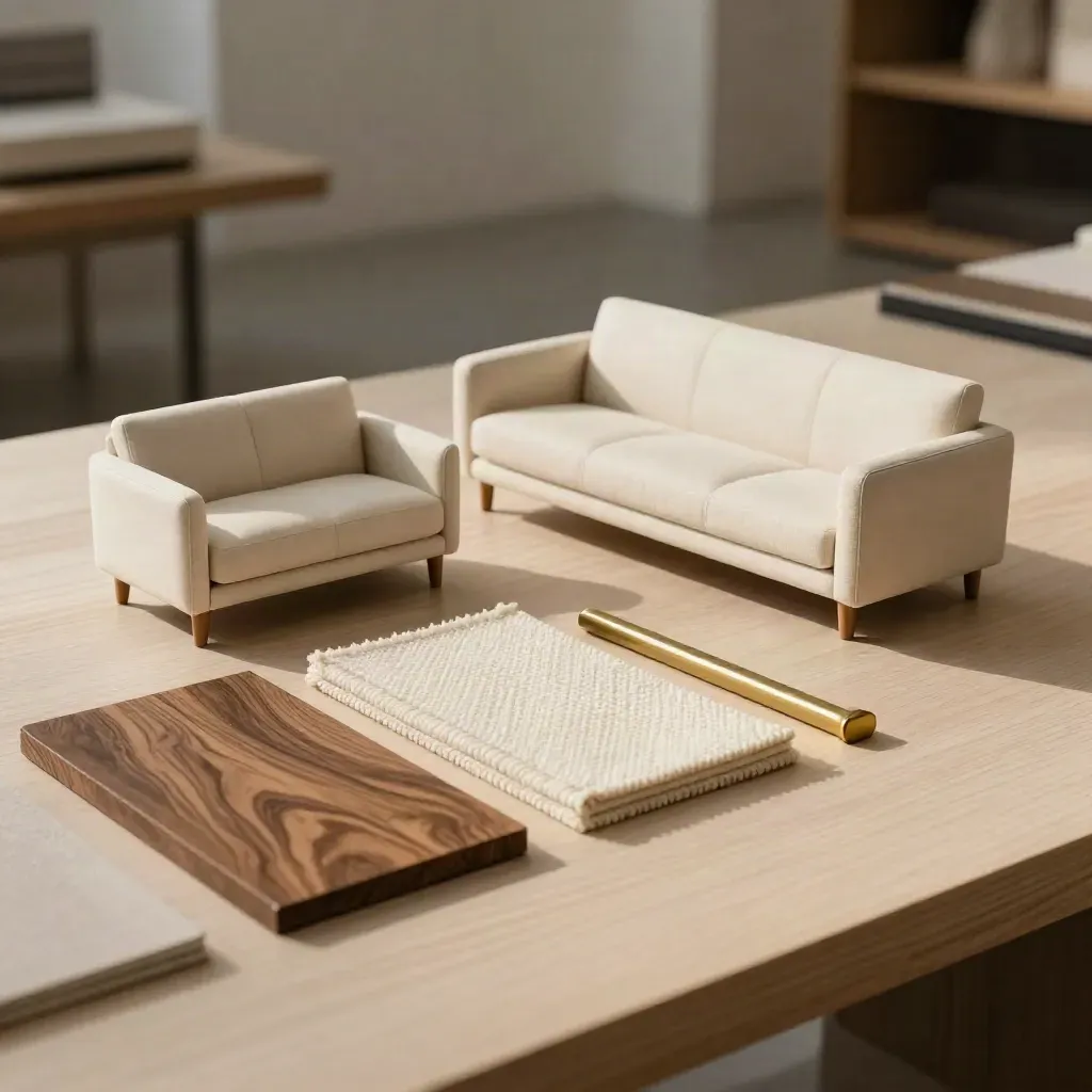 Sofa model with walnut veneer, cream fabric and brass pull samples on pale wood