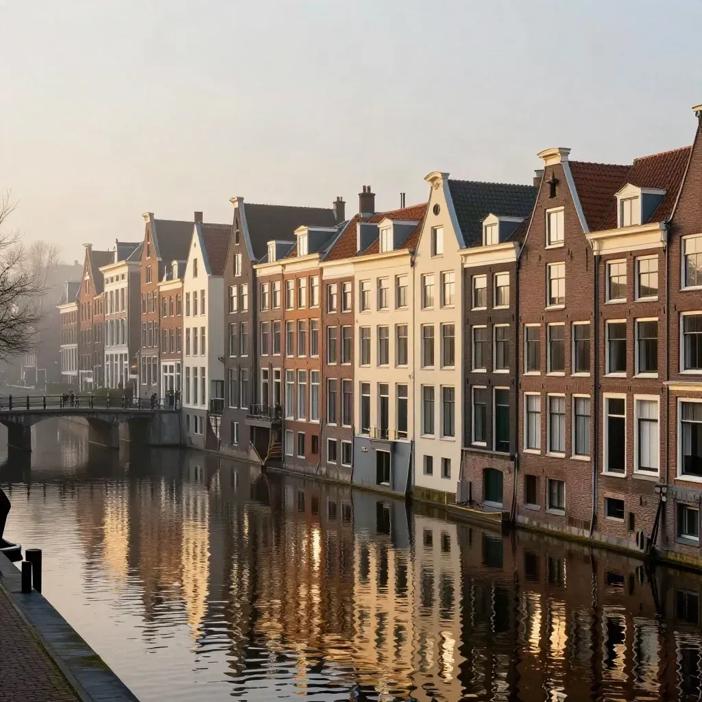 Amsterdam canal houses mirrored in misty water at dawn, high view, warm brick and cream