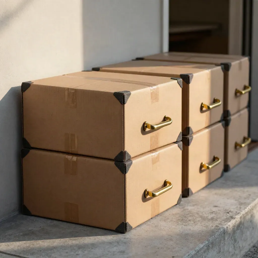 Stacked flat-pack cartons, corner protectors, and brass handles on a concrete threshold.