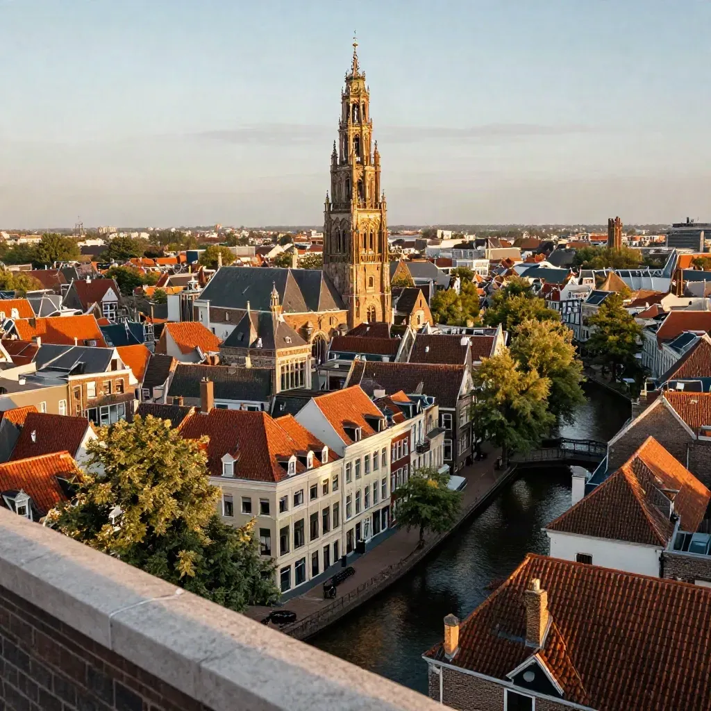 Utrecht Dom tower above terracotta roofs and a quiet canal in warm evening haze.