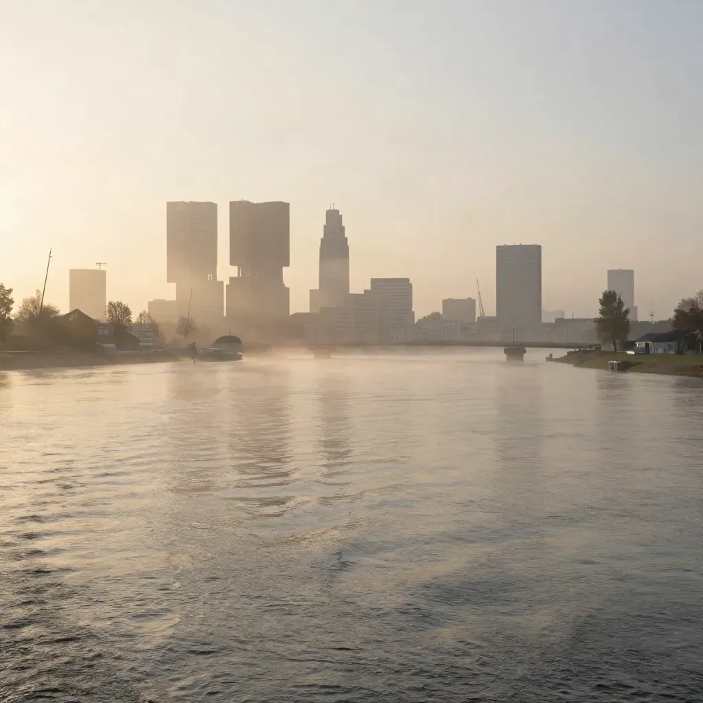 Rotterdam skyline and Maas river in sunrise fog, towers emerging above calm water.