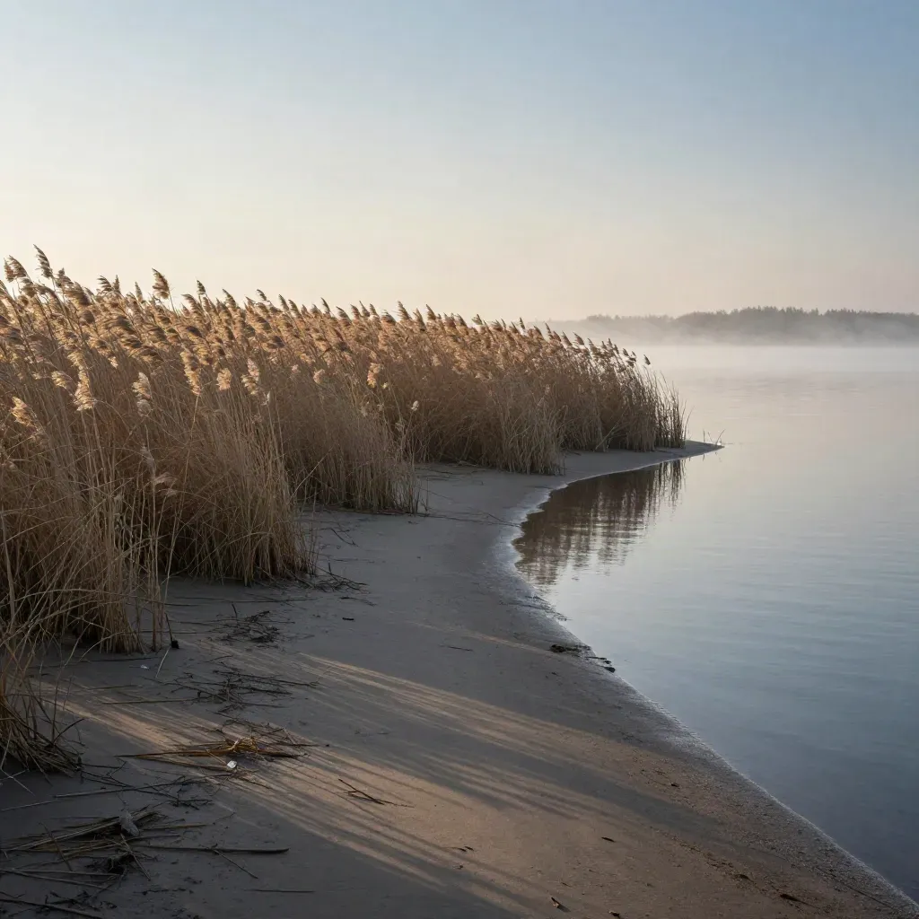 Markermeer shoreline with reedbeds, low dike, mist, and a distant treeline at blue hour.
