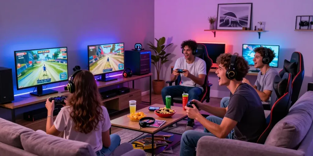 Friends enjoying rokok88 alternatif gaming in a vibrant, cozy environment with LED lights and snacks.