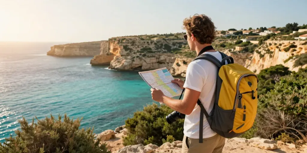 Scenic Malta Gozo tour with traveler overlooking Mediterranean coastline during golden hour.