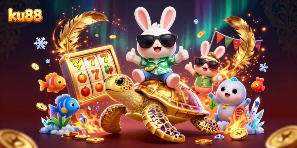 Spin the reels at ku88 with a lucky rabbit and turtle, vibrant casino scene full of adventure.