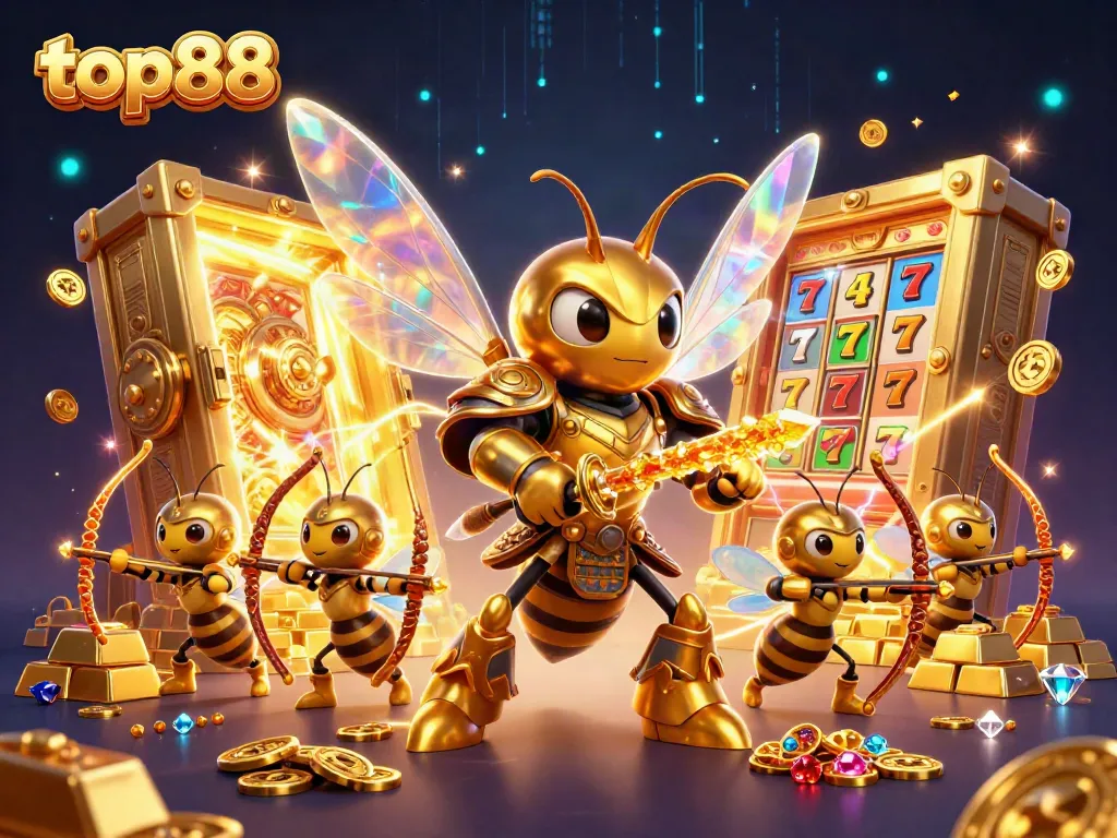 Experience the thrilling gaming scene with top88 as a captivating golden hornet samurai and bee archers guard treasures.