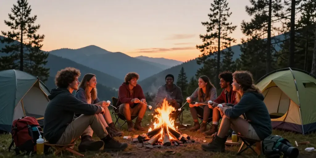 Group enjoying camping with rokok88 gear around a campfire at sunset