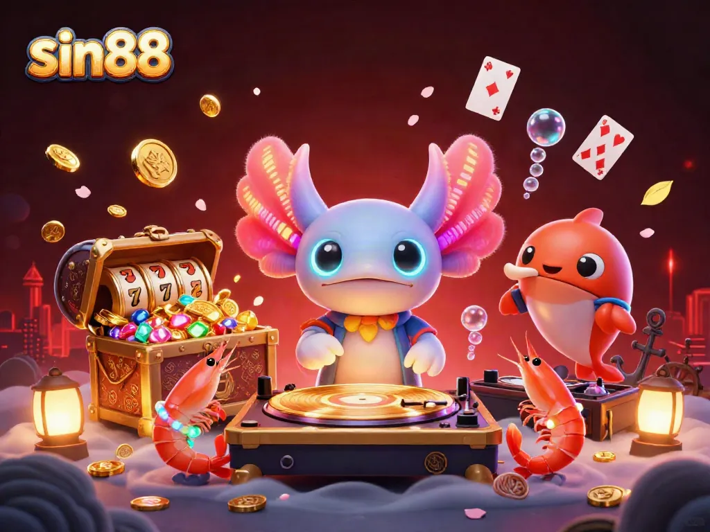 Experience exciting gameplay at Sin88 with neon characters surrounded by slot game elements and underwater treasures.