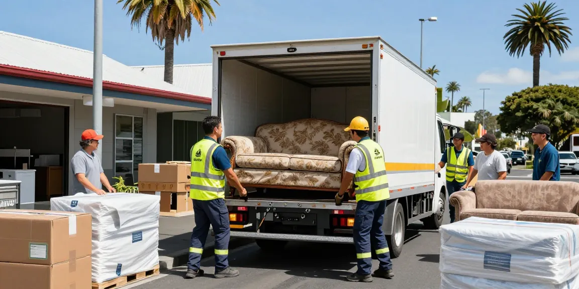 Professional furniture moving services team loading a sofa in Tauranga.