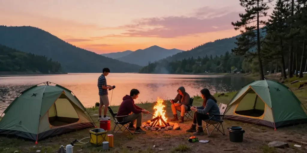 ROKOK88 slot camping gear setup around the lake during sunset.