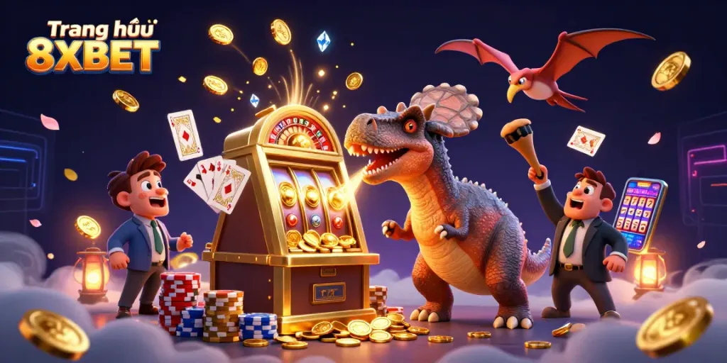 Experience excitement at Trang chủ 8XBET with a dinosaur-themed jackpot celebration featuring golden coins!