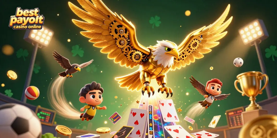 Discover vibrant action at the best payout casino online, featuring an engaging golden eagle amidst dynamic sports elements.